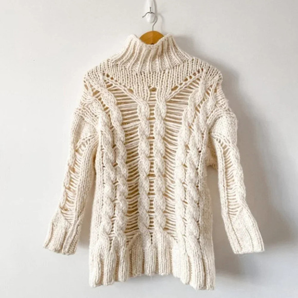 Zara Openwork Cable Knit Sweater High Neck Ecru White Size Small - Picture 6 of 12